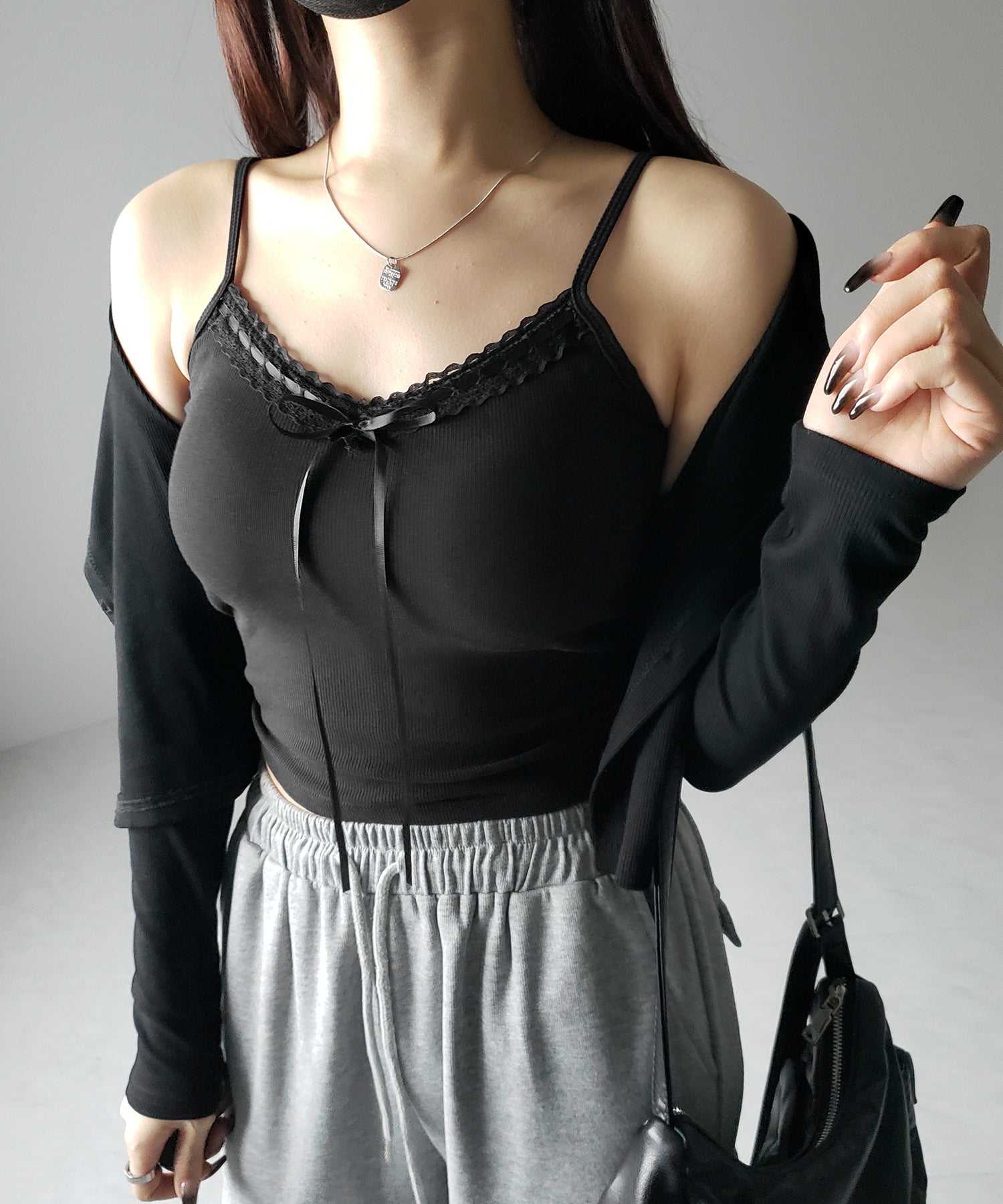 【 カップ付き 】サテンリボンレースリブキャミソール / satin ribbon lace lib camisole