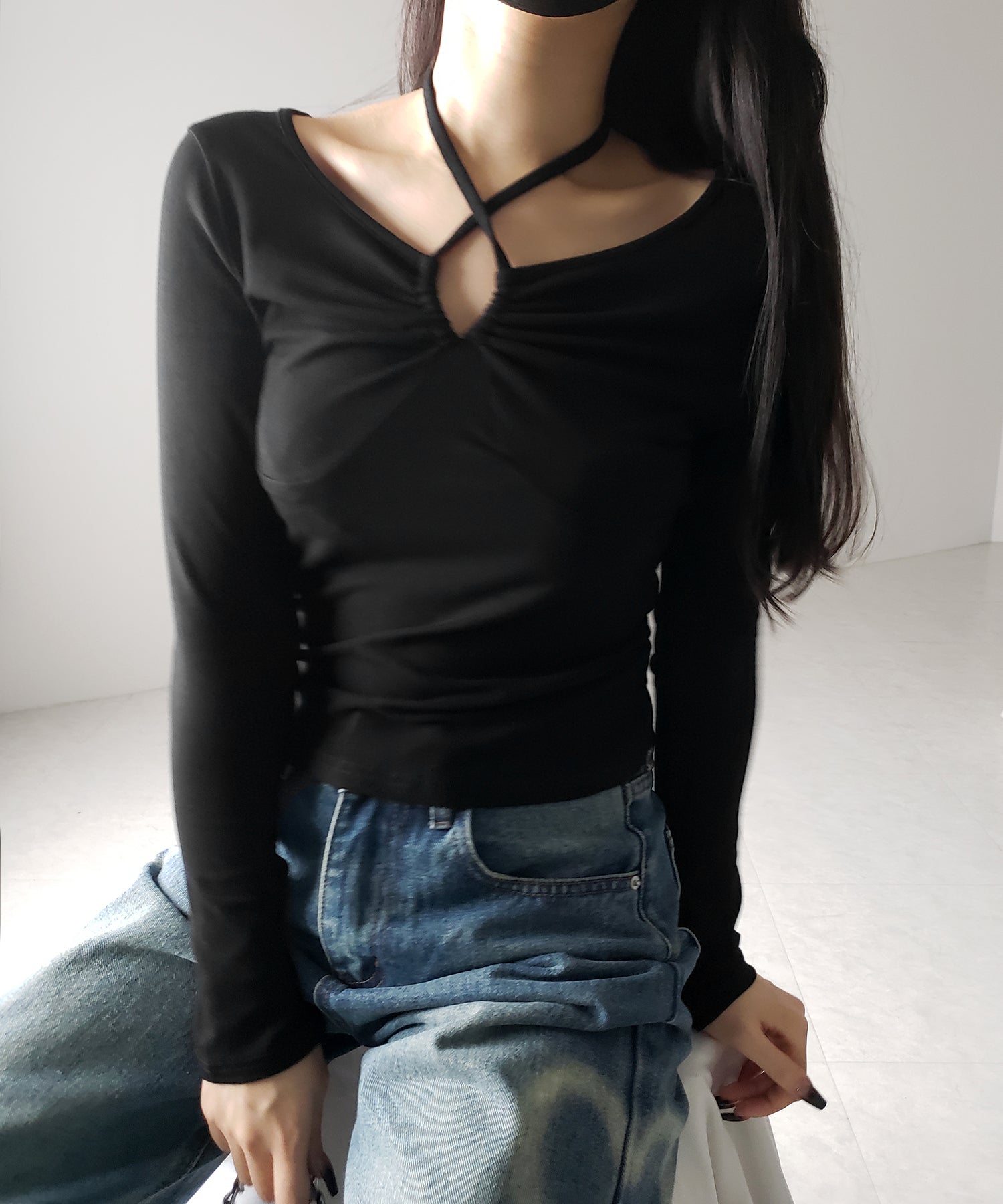 【 3WAY 】クロスストラップリボンギャザーカットソートップス / cross strap ribbon gather cutsew tops