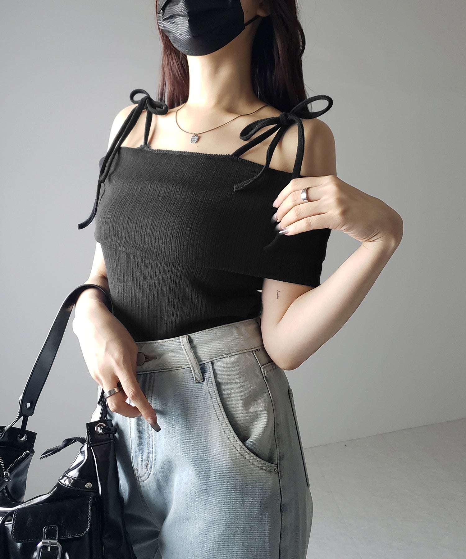 【 2color 】ダブルリボンオフショルダーリブトップス / double ribbon off-shoulder rib tops