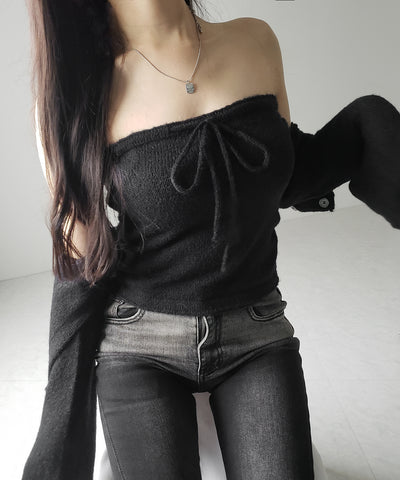 【 2点セット 】フロントリボンニットベアトップ + 長袖ショートカーディガン SET / front ribbon knit bare top + long sleeve short cardigan set