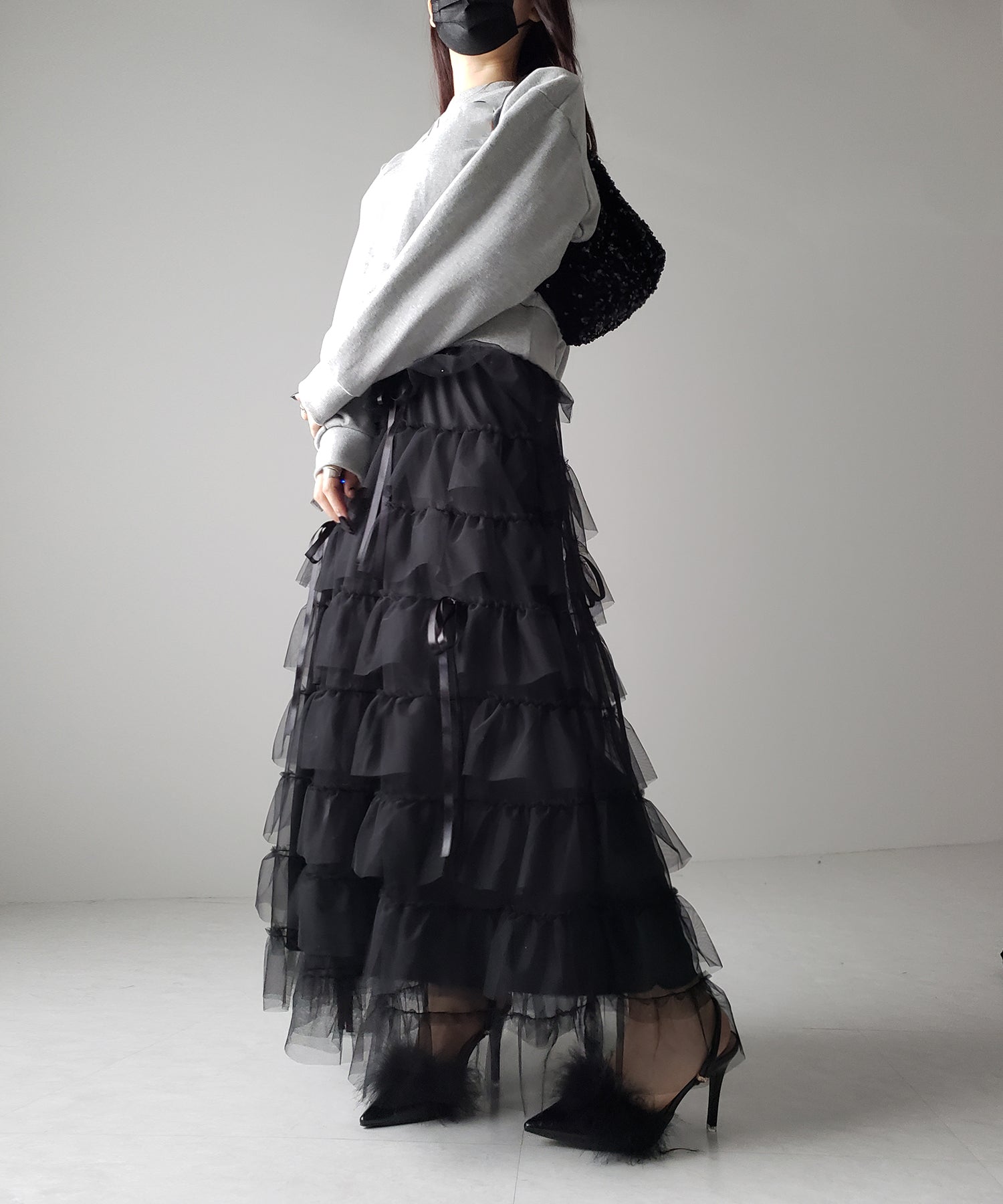 【 新色ピンク追加!/5color 】ストラップリボンバレエコアチュールスカート /strap ribbon ballet core tulle skirt