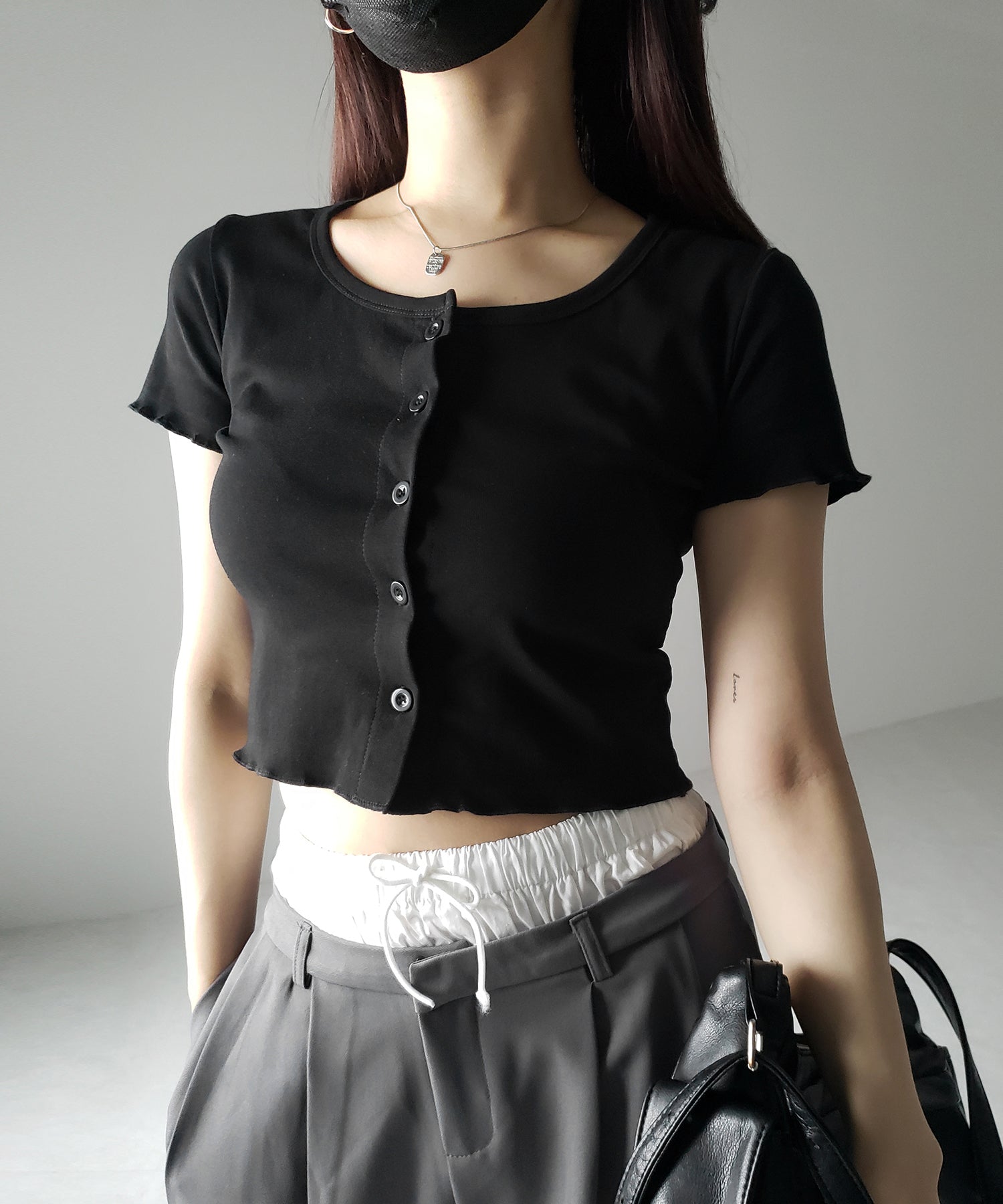 【 3color 】フロントボタン半袖メローショートTシャツ / front button mellow short Tee