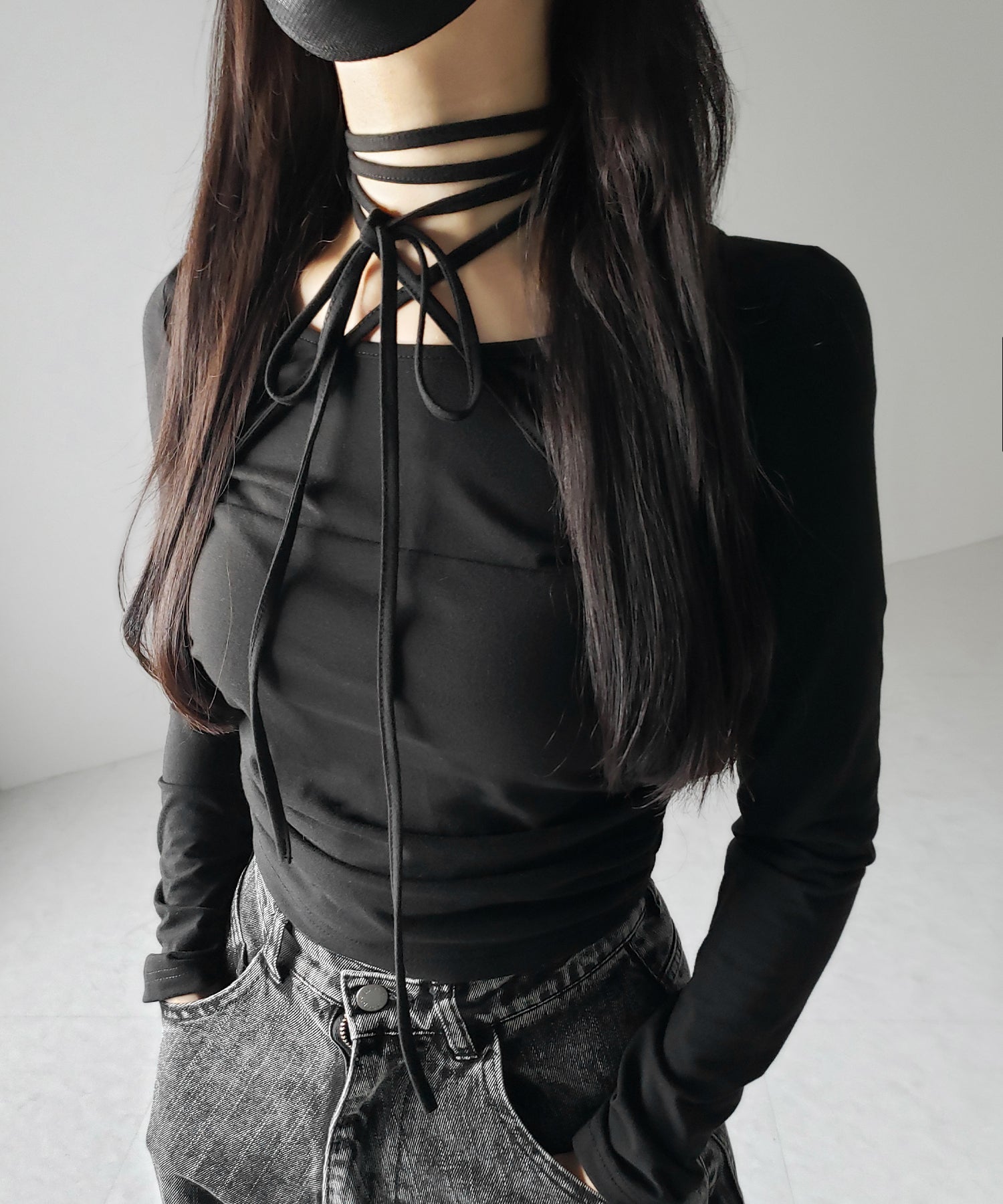 【 3color 】クロスストラップロングチョーカーリボントップス / cross strap long choker ribbon tops