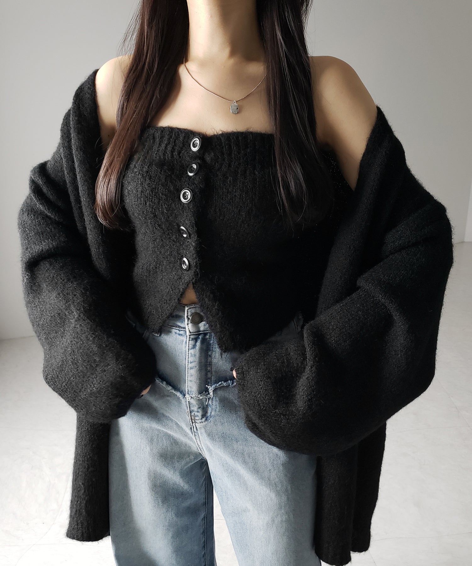 【 新色追加 /2点セット 】ニットボタンビスチェ +ロングカーディガンセット / knit button bustier + long cardigan set