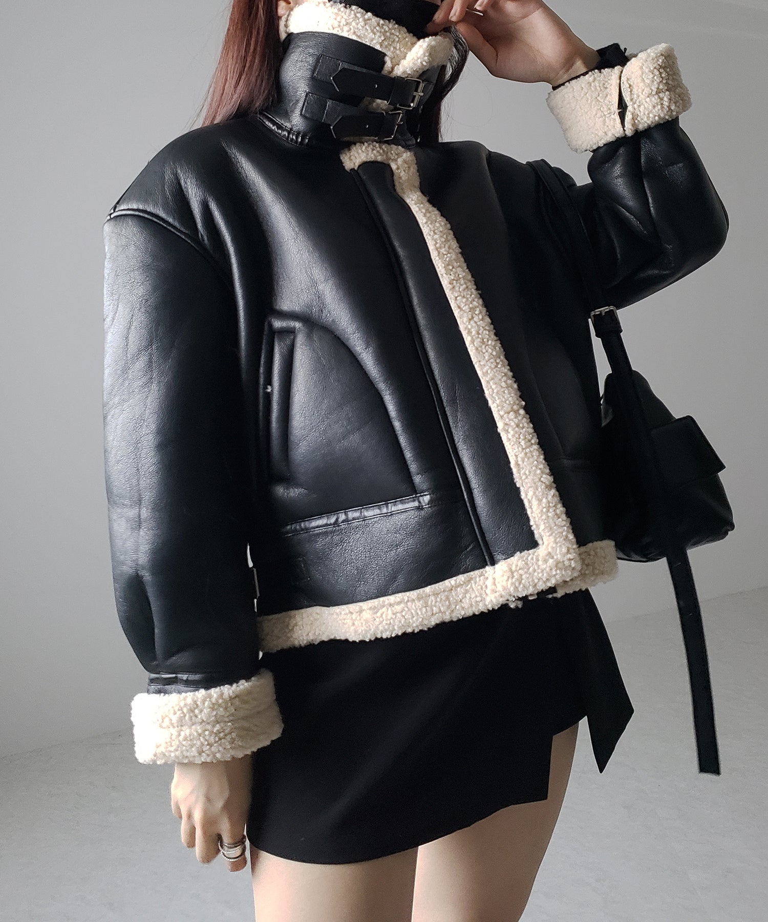 フェイクレザームートンB-3クロップドフライトジャケット