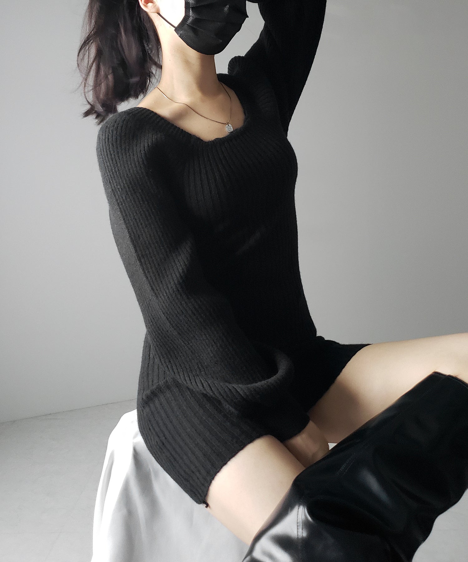 スクエアネックリブニットミニワンピース / square neck rib knit mini one piece