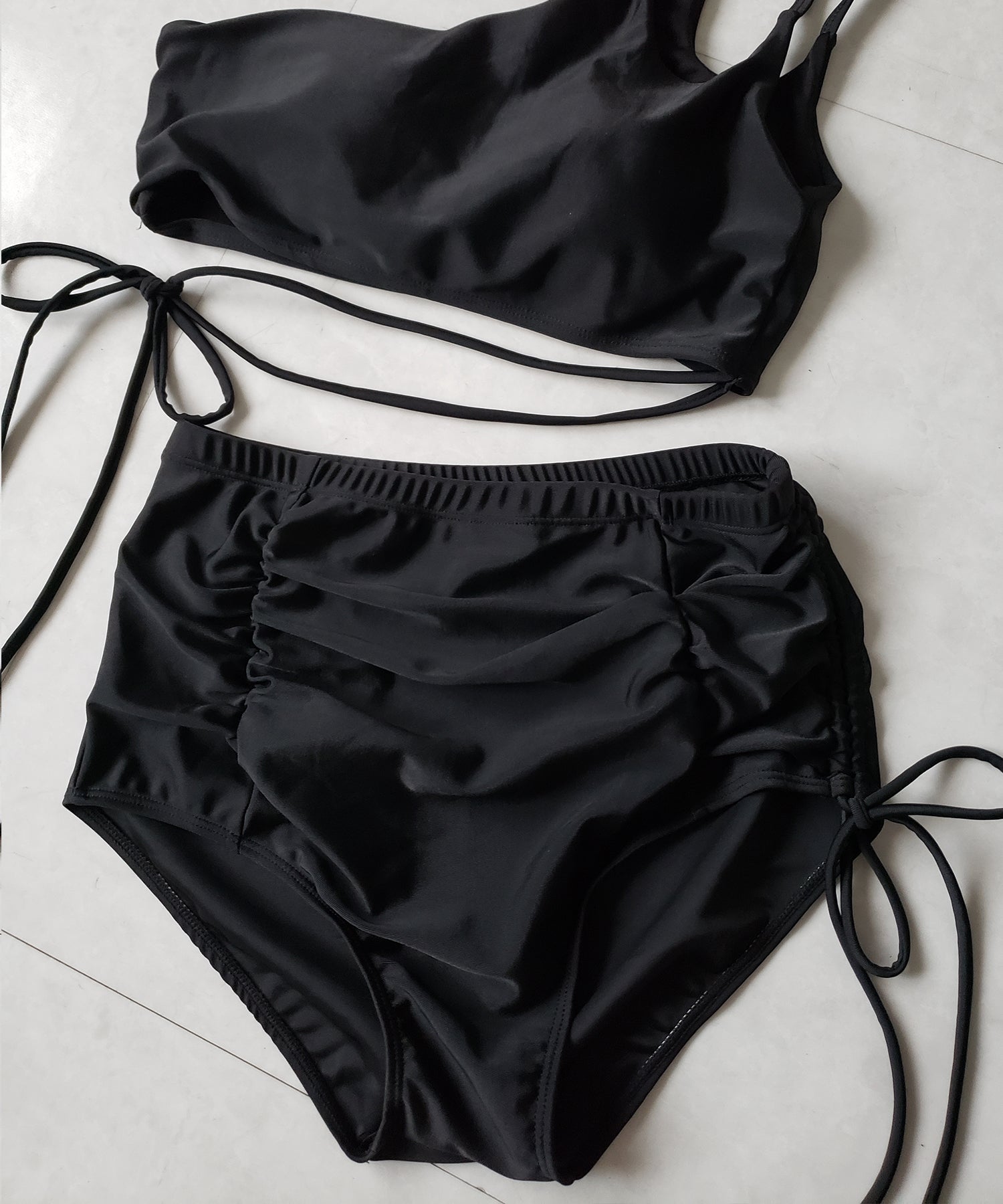 【 レディース水着/3点セット 】シアートップス付き ストラップリボンカットアウトワンショルハイウエストビキニ / sheer tops set strap ribbon cutout one shoulder high waist bikini