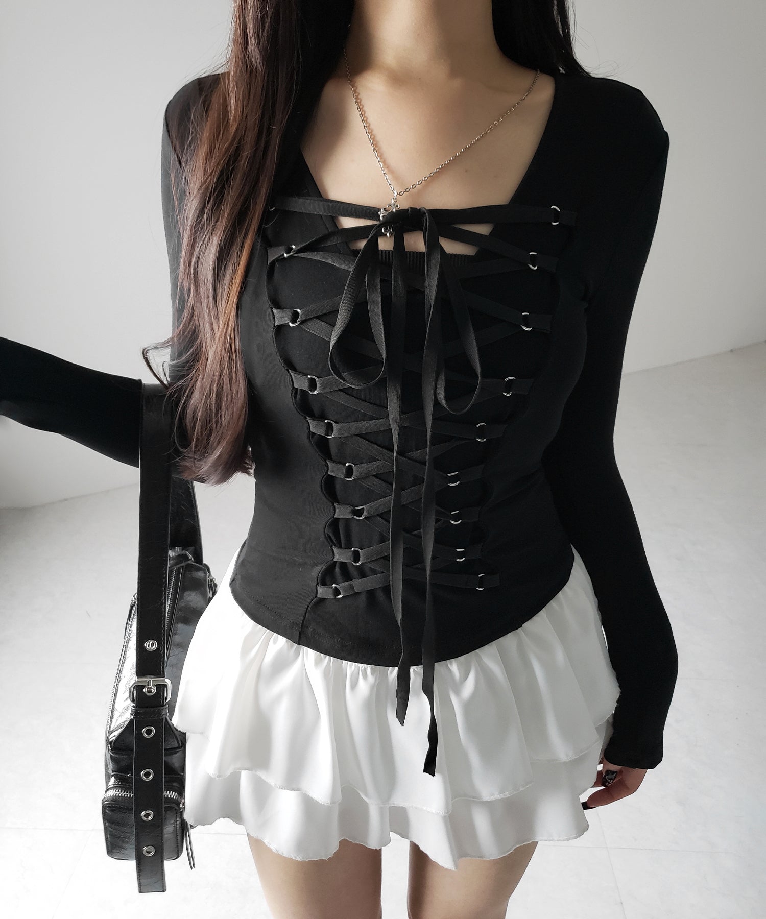【 新色ピンク追加! /3WAY 】レースアップコルセットリボンチョーカートップス / lace up corset ribbon choker tops