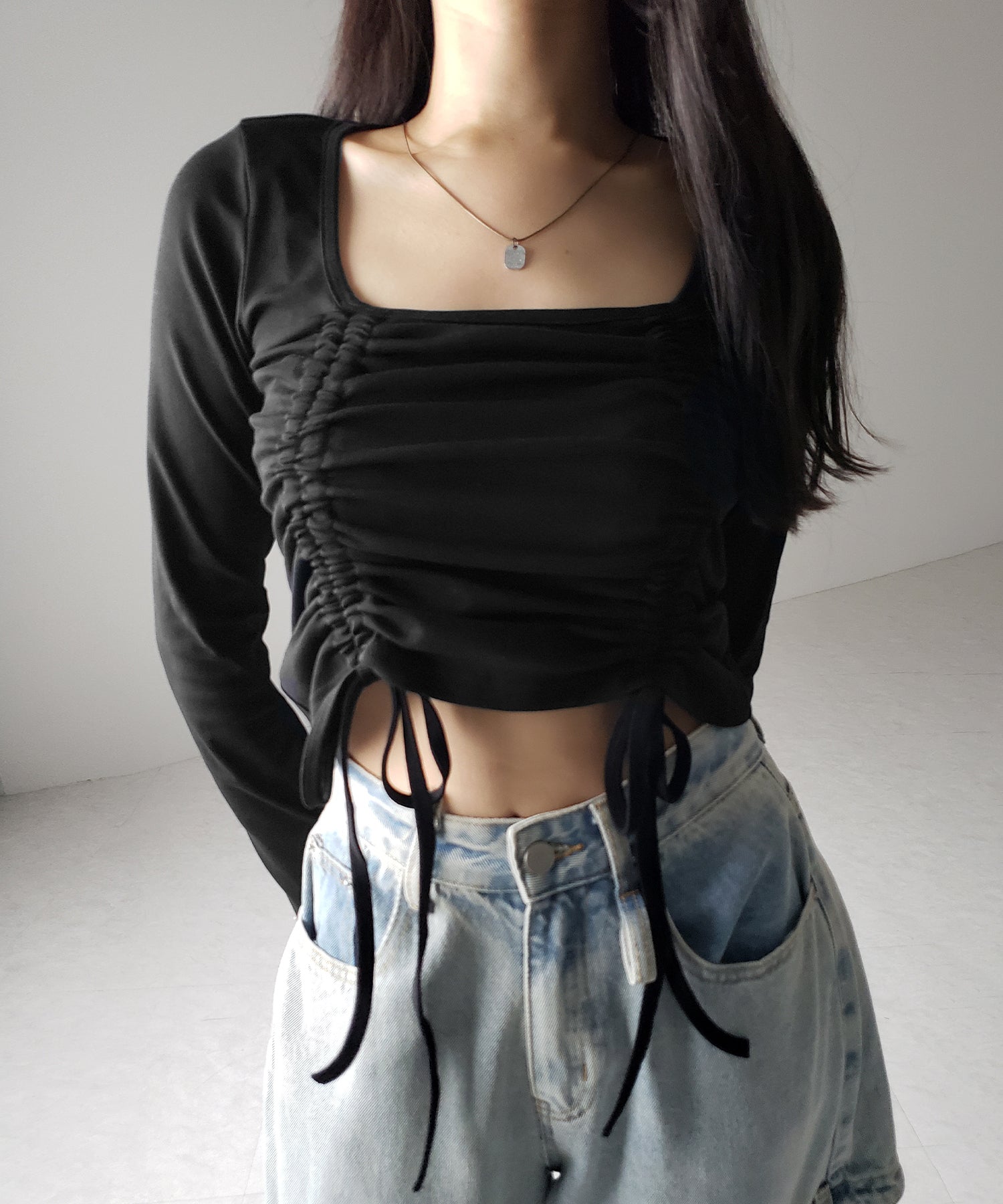 【 3color 】 ダブルシャーリングリボンスクエアネックトップス / double shirring ribbon square neck tops