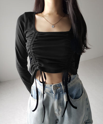ダブルシャーリングリボンスクエアネックトップス / double shirring ribbon square neck tops