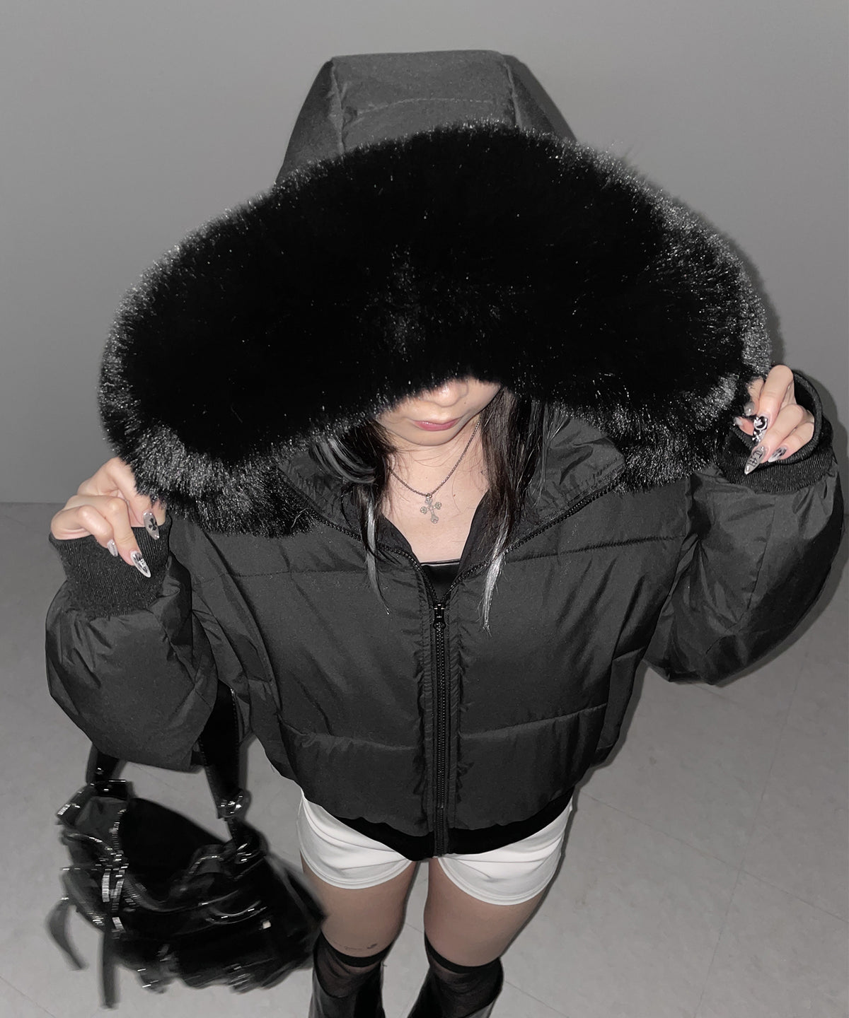 【 フード取り外し可能2WAY 】フェイクファーフードショート中綿ジャケット / 2WAY fake fur hoodie short fake down jacket