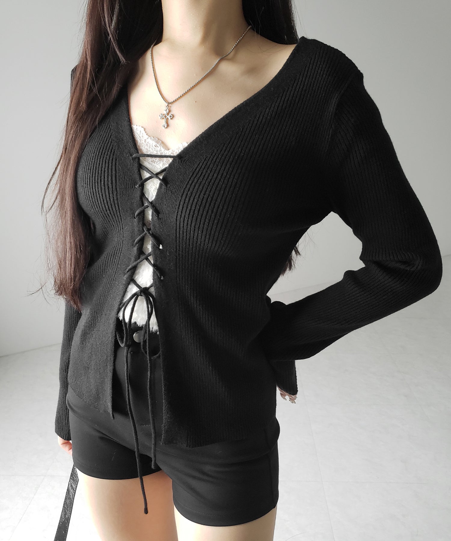【 3color 】レースアップリボンリブニットカーディガン / lace up ribbon rib knit cardigan