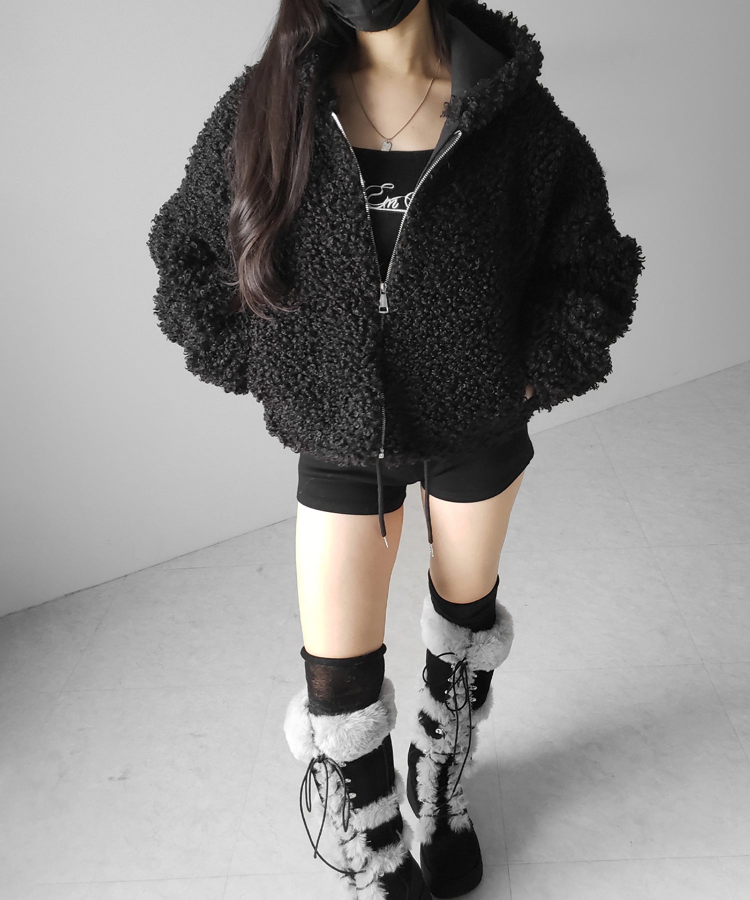 テディボアジップアップフーディクロップドコート / teddy boa zipup hoodie cropped cat