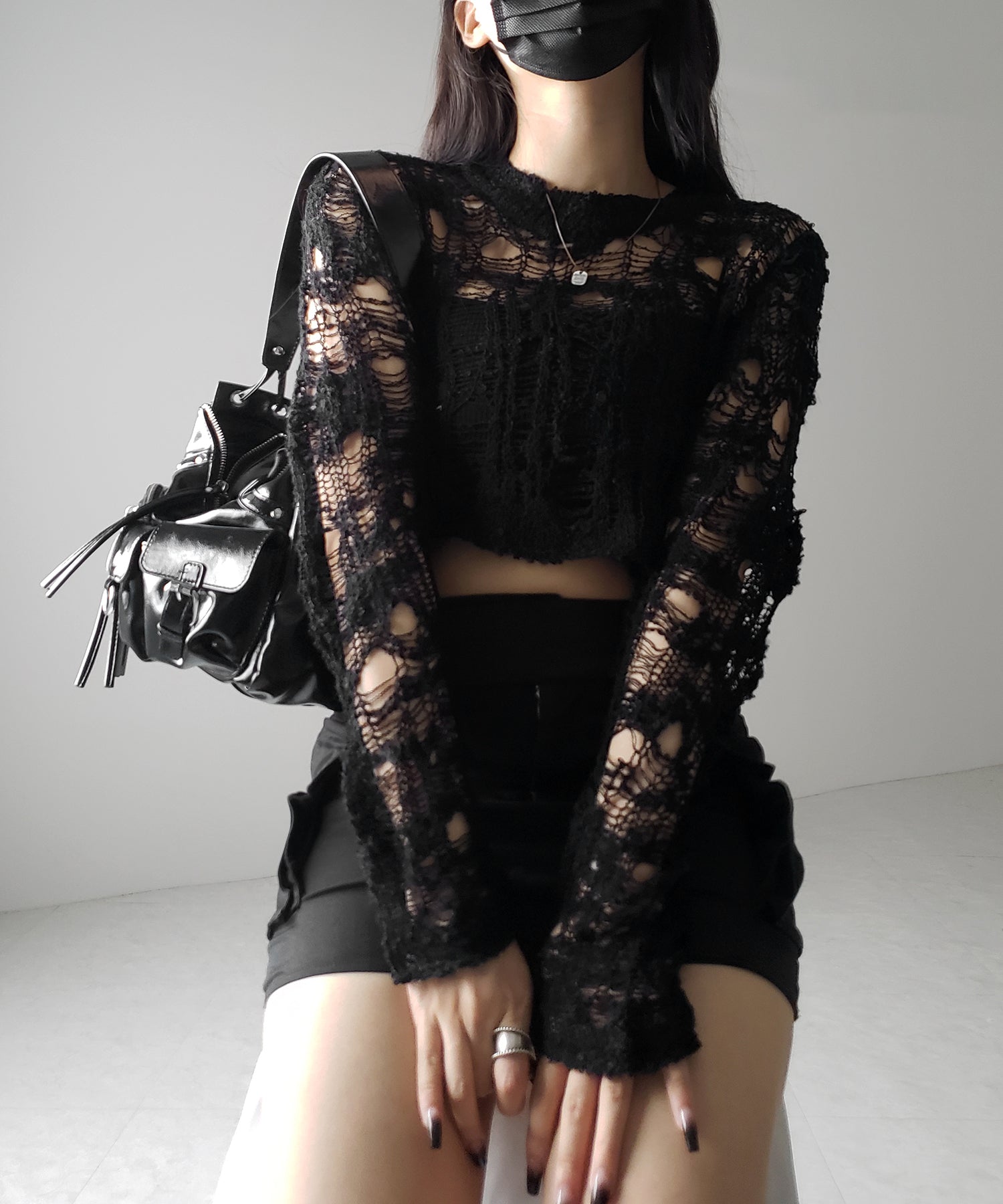 クラッシュダメージショートシアーニット / crush damage short sheer knit