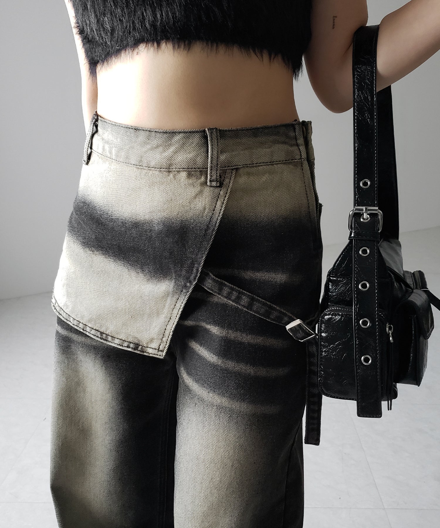 【 2color /4size 】ラップレイヤードバイカラーブリーチワイドデニム / wrap layered bicolor bleach wide denim