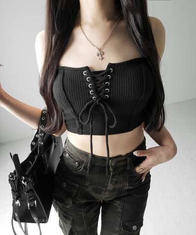 【カップ付き 】レースアップコルセットリボンショートリブベアトップ / laceup corset ribbon short ribbed bare top
