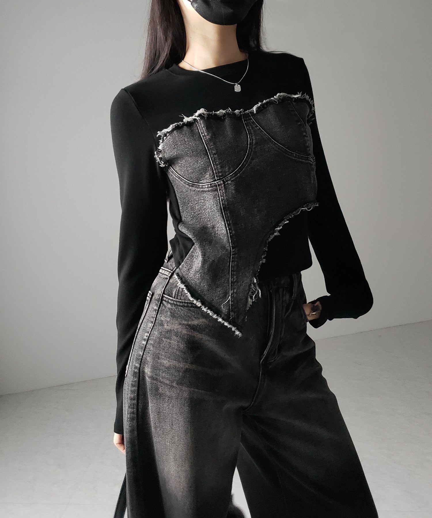 【 2color 】ダメージデニムビスチェドッキングTシャツ / damage denim bustier docking Tee