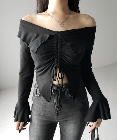 シャーリングフロントスリットオフショルトップス / shirring front slit offshoulder tops