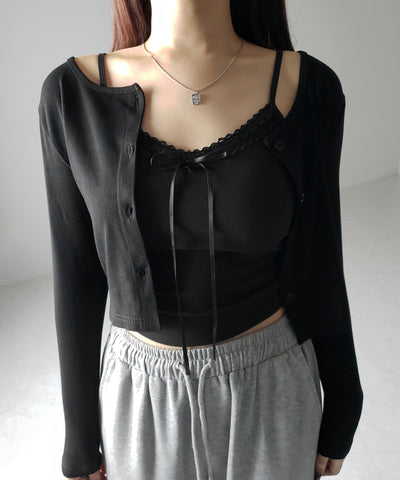 【 カップ付き 】サテンリボンレースリブキャミソール / satin ribbon lace lib camisole