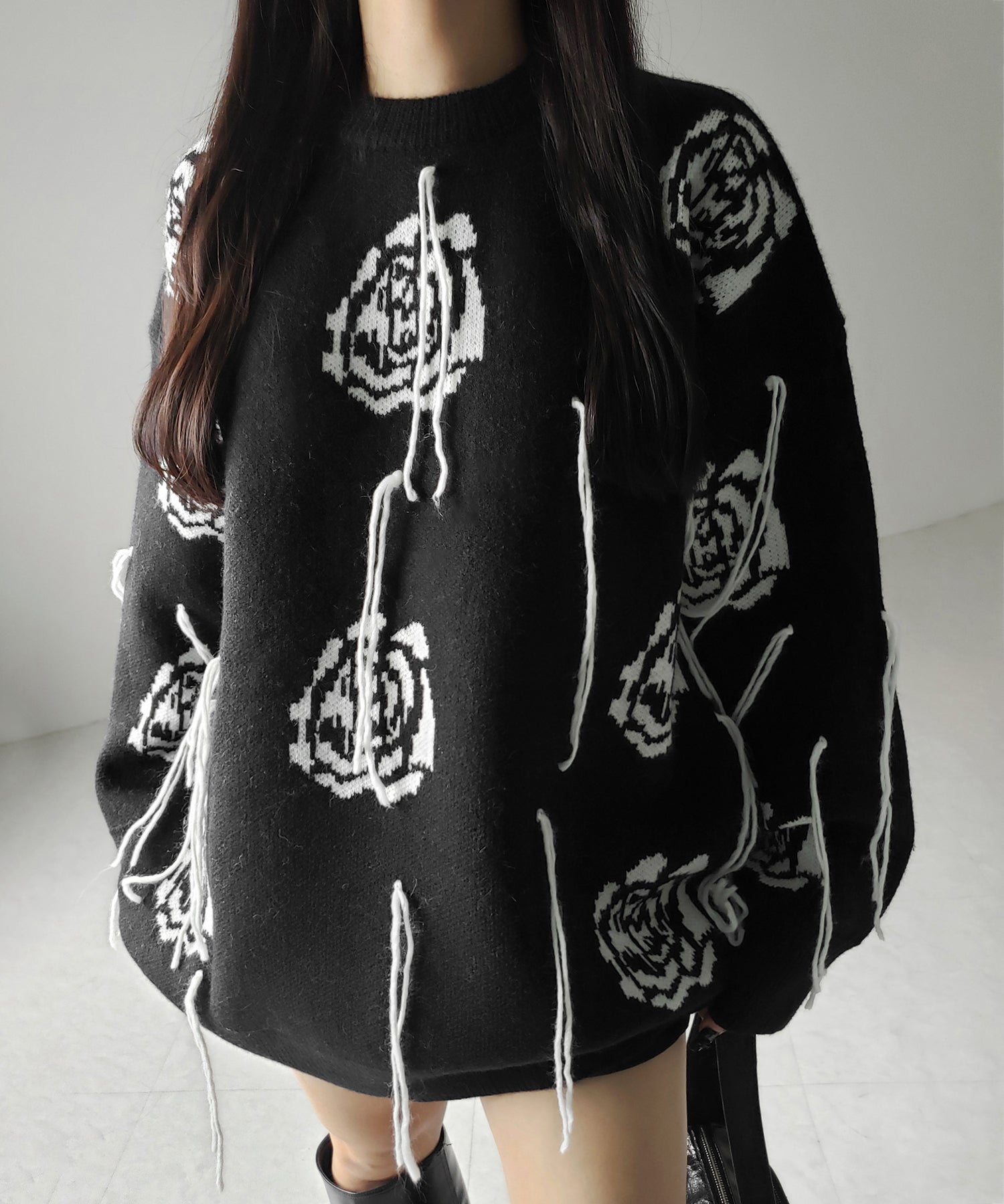 バラジャガードフリンジビッグシルエットニット / rose jacquard fringe big silhouette knit