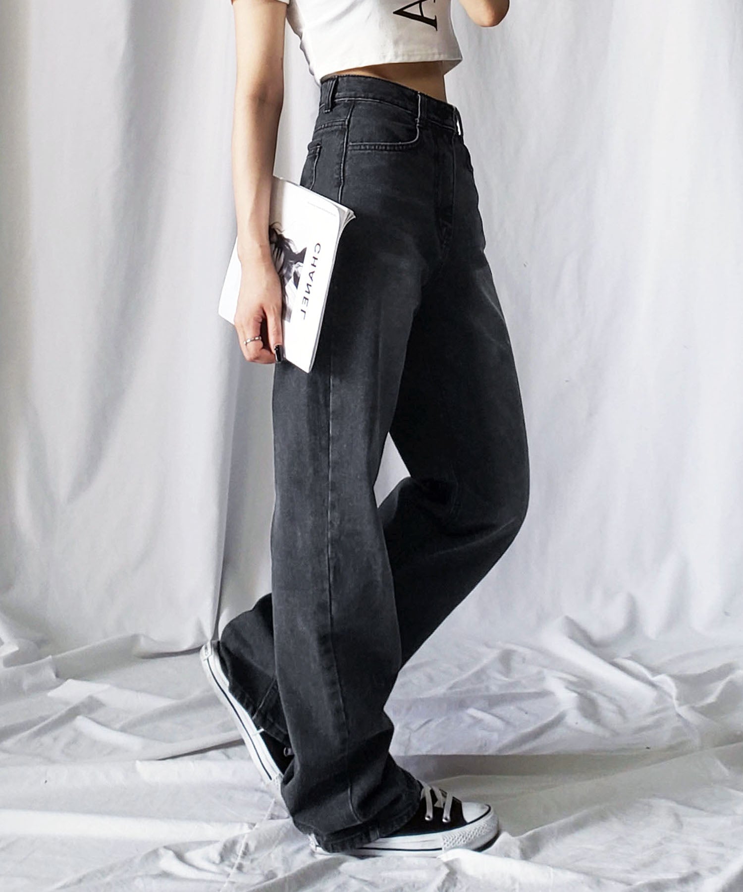 【 2color / 3size 】ハイウエストウォッシングロングデニムパンツ