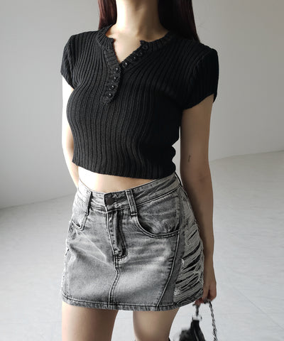 キーネックショートサマーリブニットトップス / Key neck short summer rib knit tops