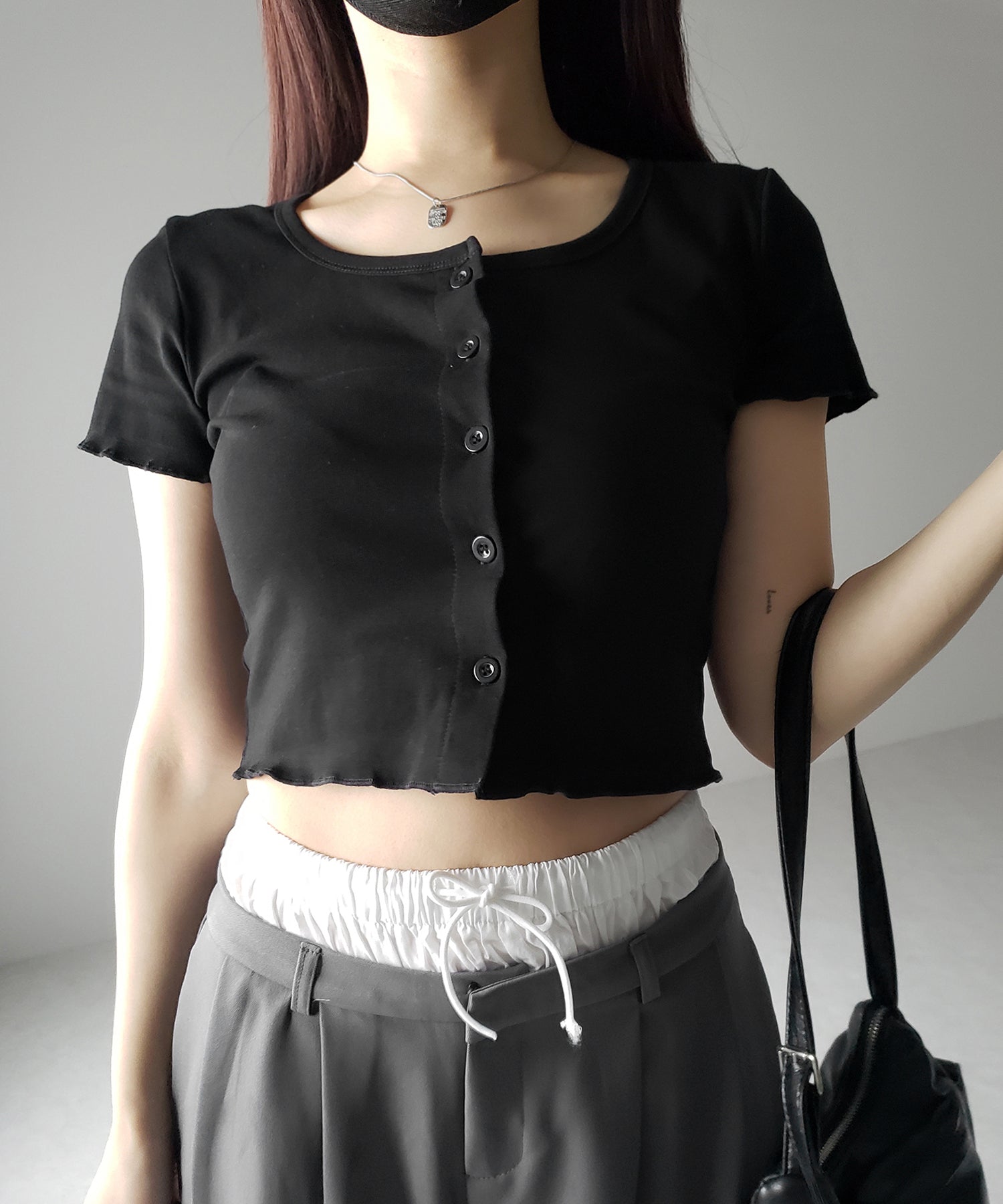 【 3color 】フロントボタン半袖メローショートTシャツ / front button mellow short Tee
