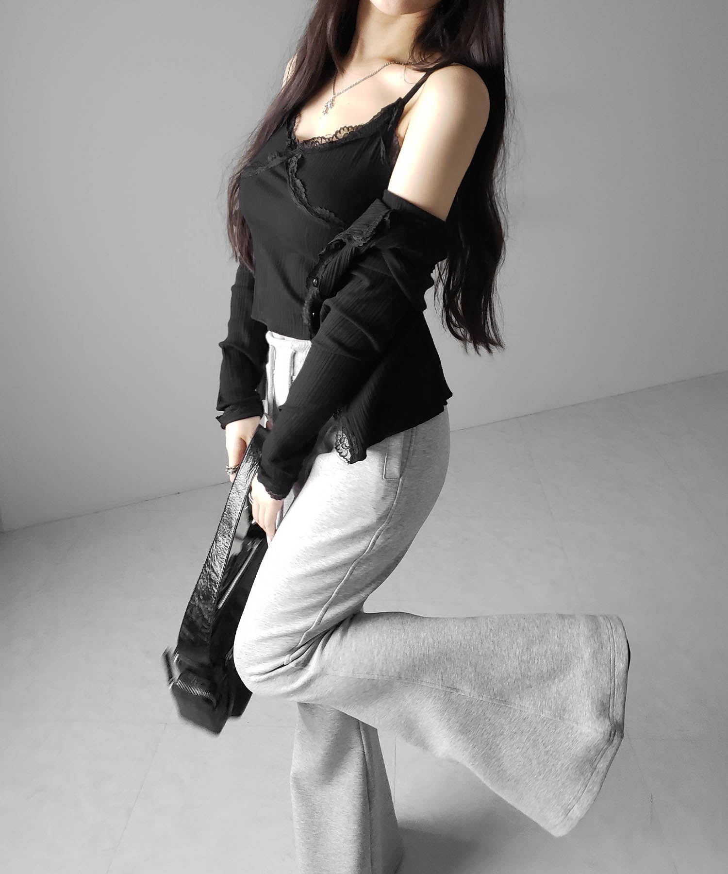 【 2点セット 】レースドッキングリブキャミソール + カーディガンセット / lace docking lib camisole + cardigan SET