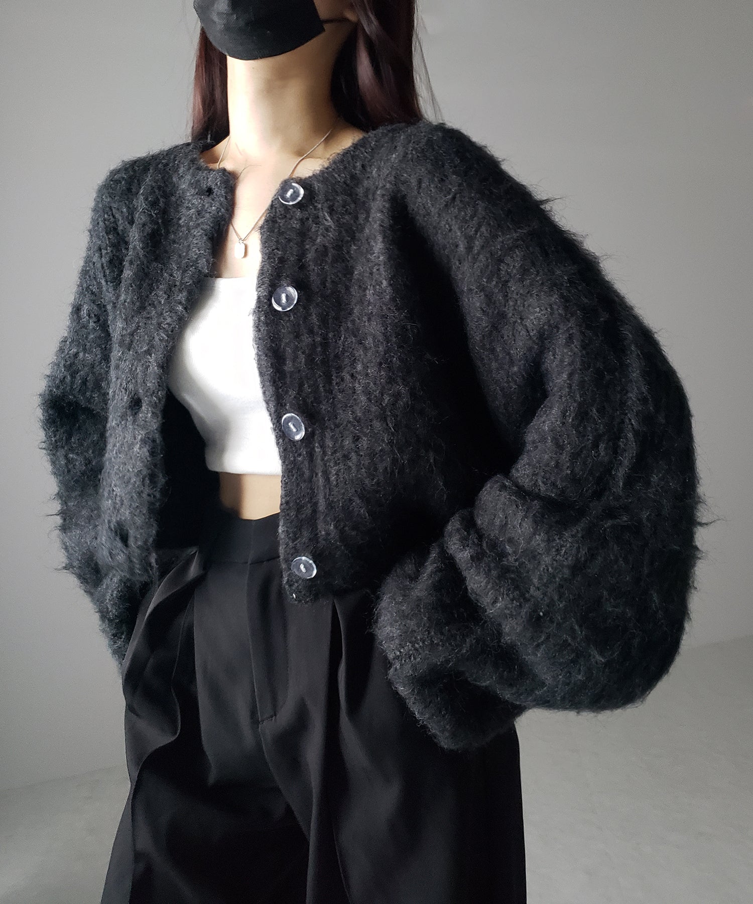 ボリュームワイドスリーブショートシャギーニットカーディガン / volume wide sleeve short shaggy knit cardigan