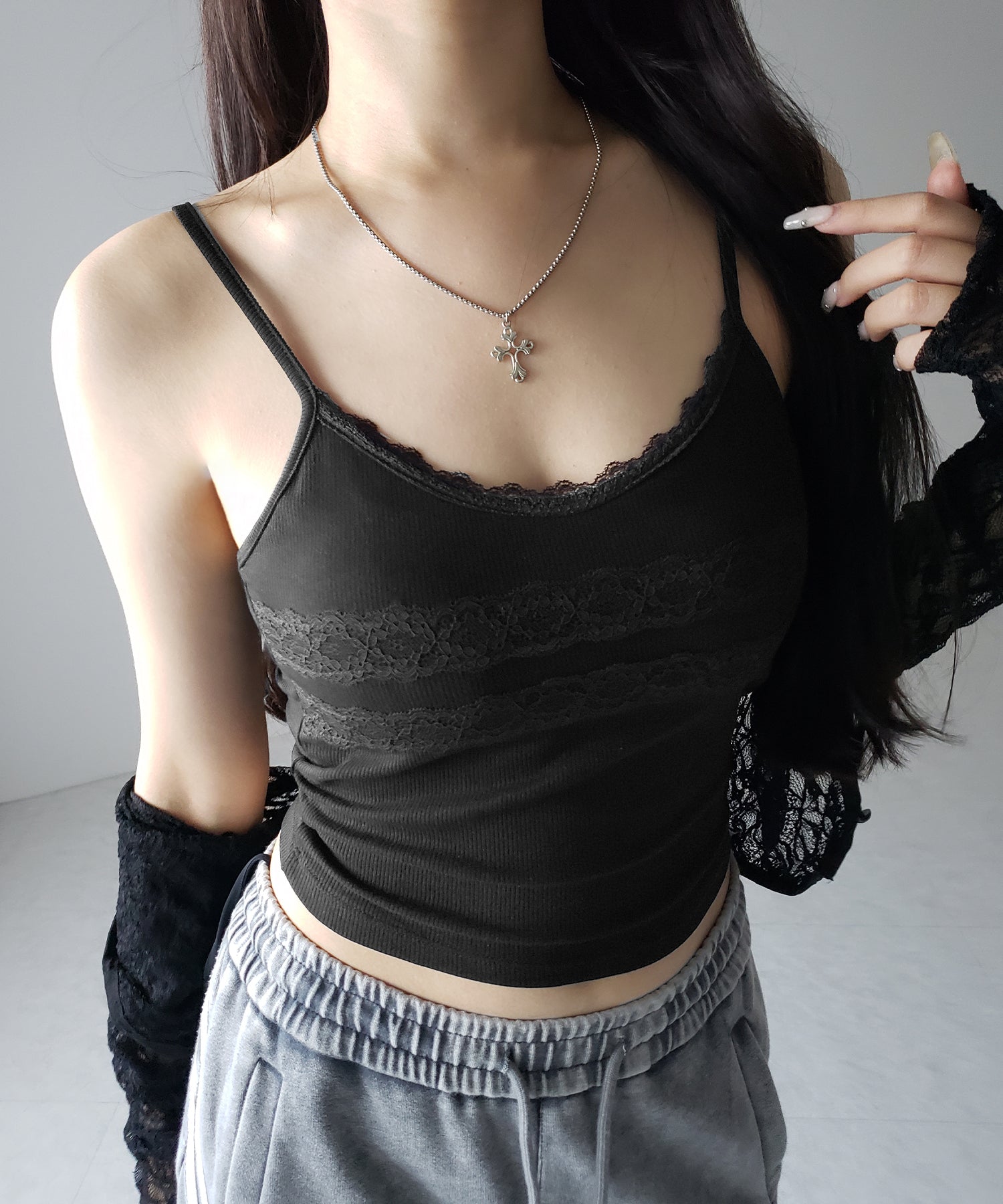 【 3color 】ダブルレース切替リブキャミソール / double lace switching ribbed camisole
