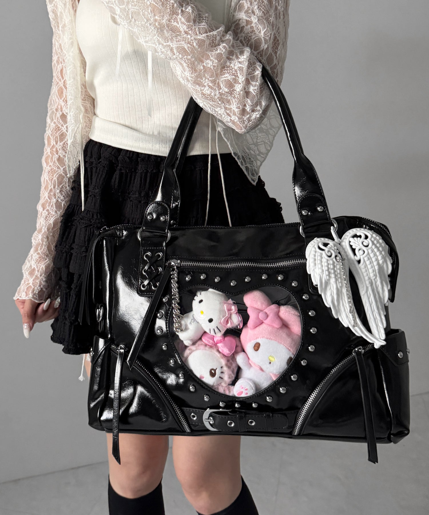 【 限定先行販売 】ハートクリアポケットスタッズフェイクレザートートバッグ / heart clear pocket studs fake leather tote bag