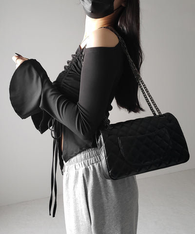 シャーリングリボンスリットワンショルダートップス / shirring ribbon slit one shoulder tops