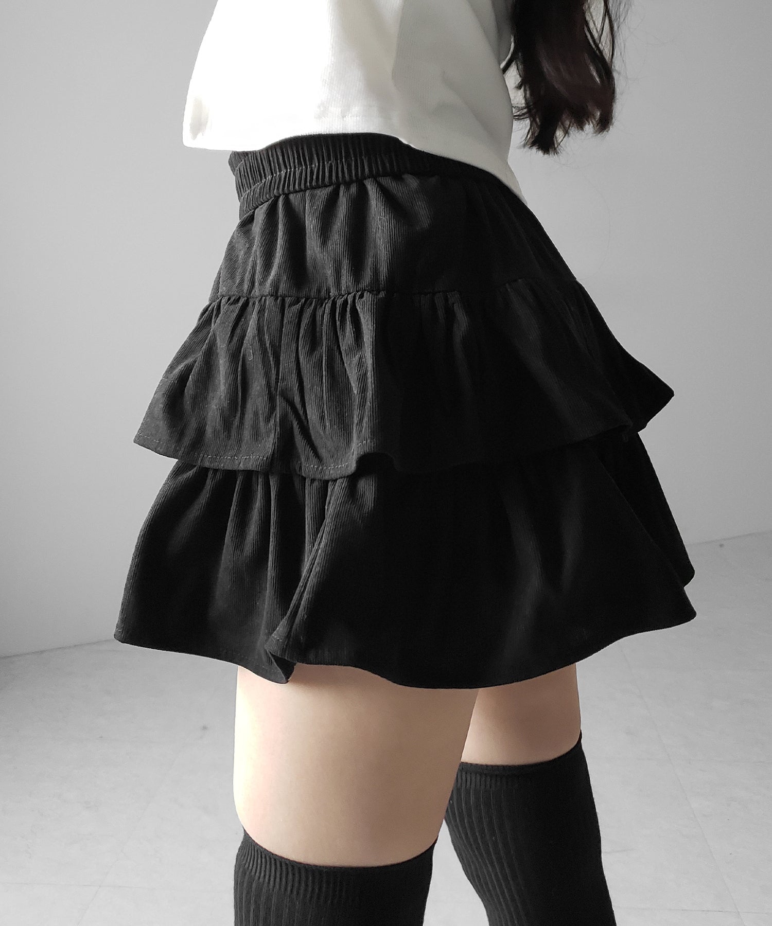 【 無地 or レオパードから選べる / インパン裏地付 】コーデュロイティアードフリルミニスカート / corduroy tiered frill mini skirt