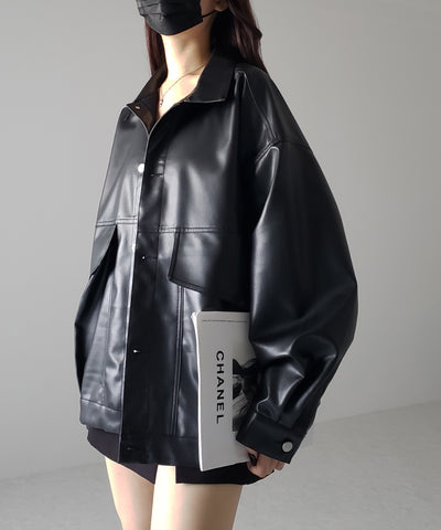 【 裾絞り可能2WAY 】ビッグシルエットボーイフレンドレザージャケット