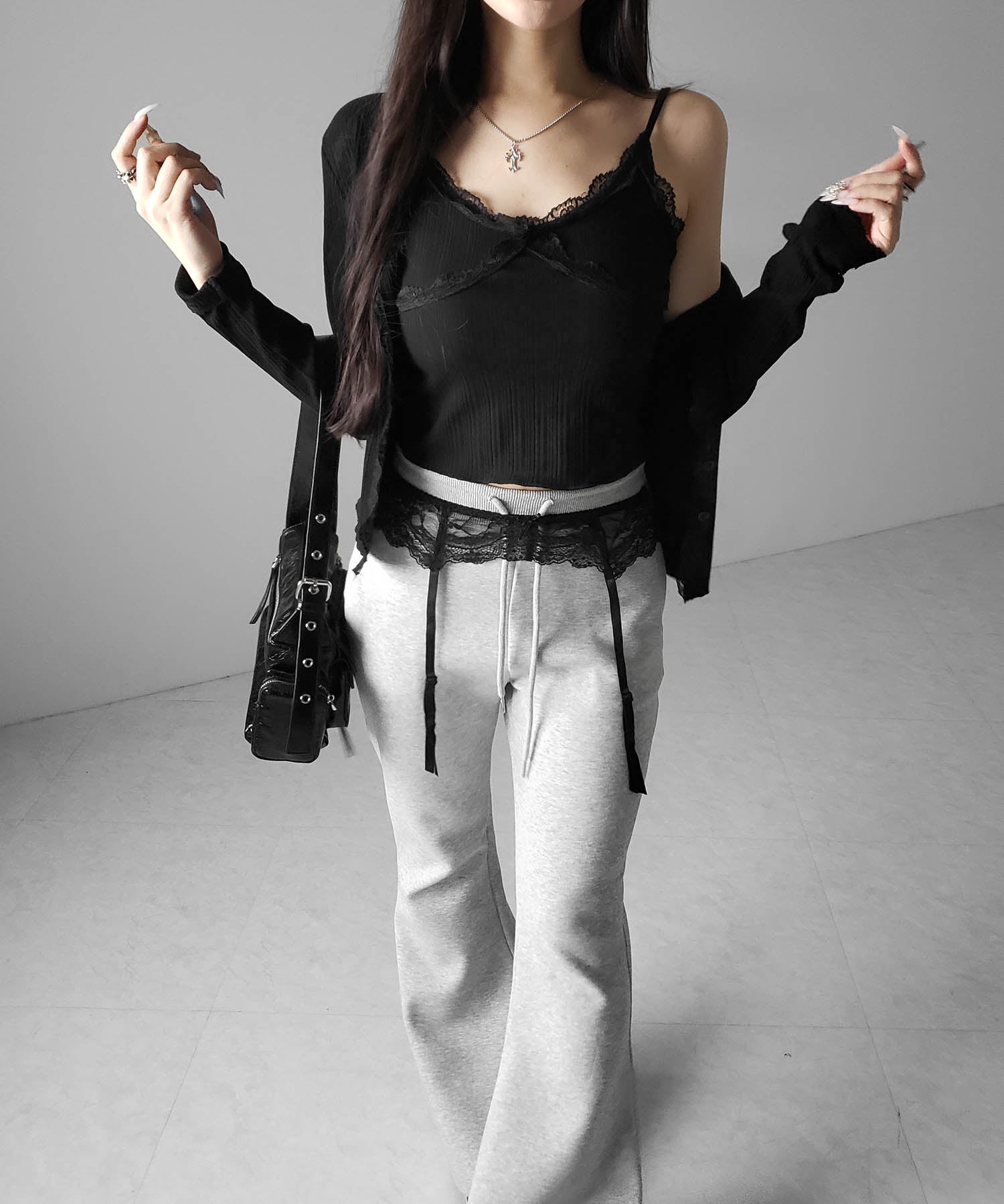 【 2点セット 】レースドッキングリブキャミソール + カーディガンセット / lace docking lib camisole + cardigan SET