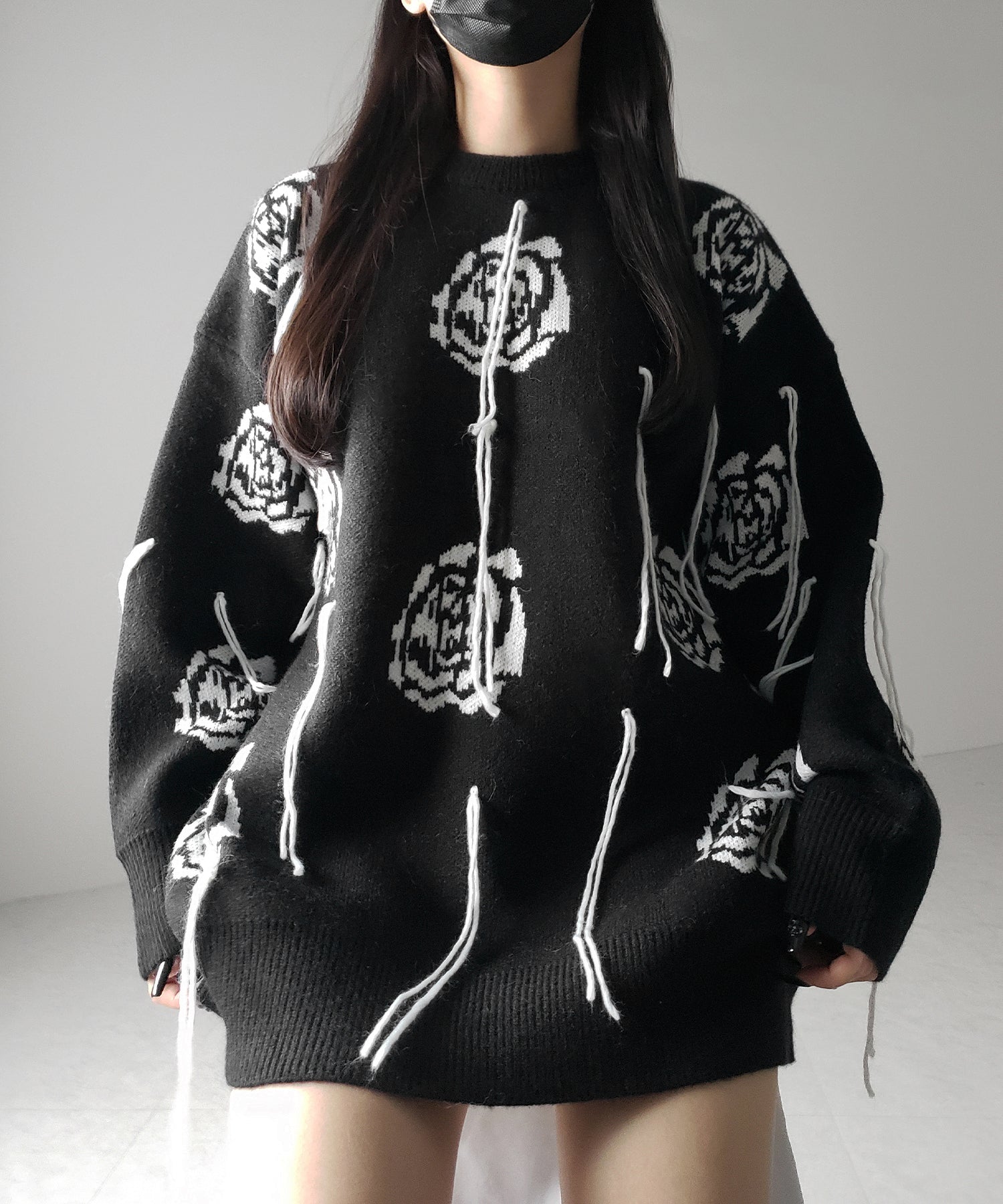 バラジャガードフリンジビッグシルエットニット / rose jacquard fringe big silhouette knit