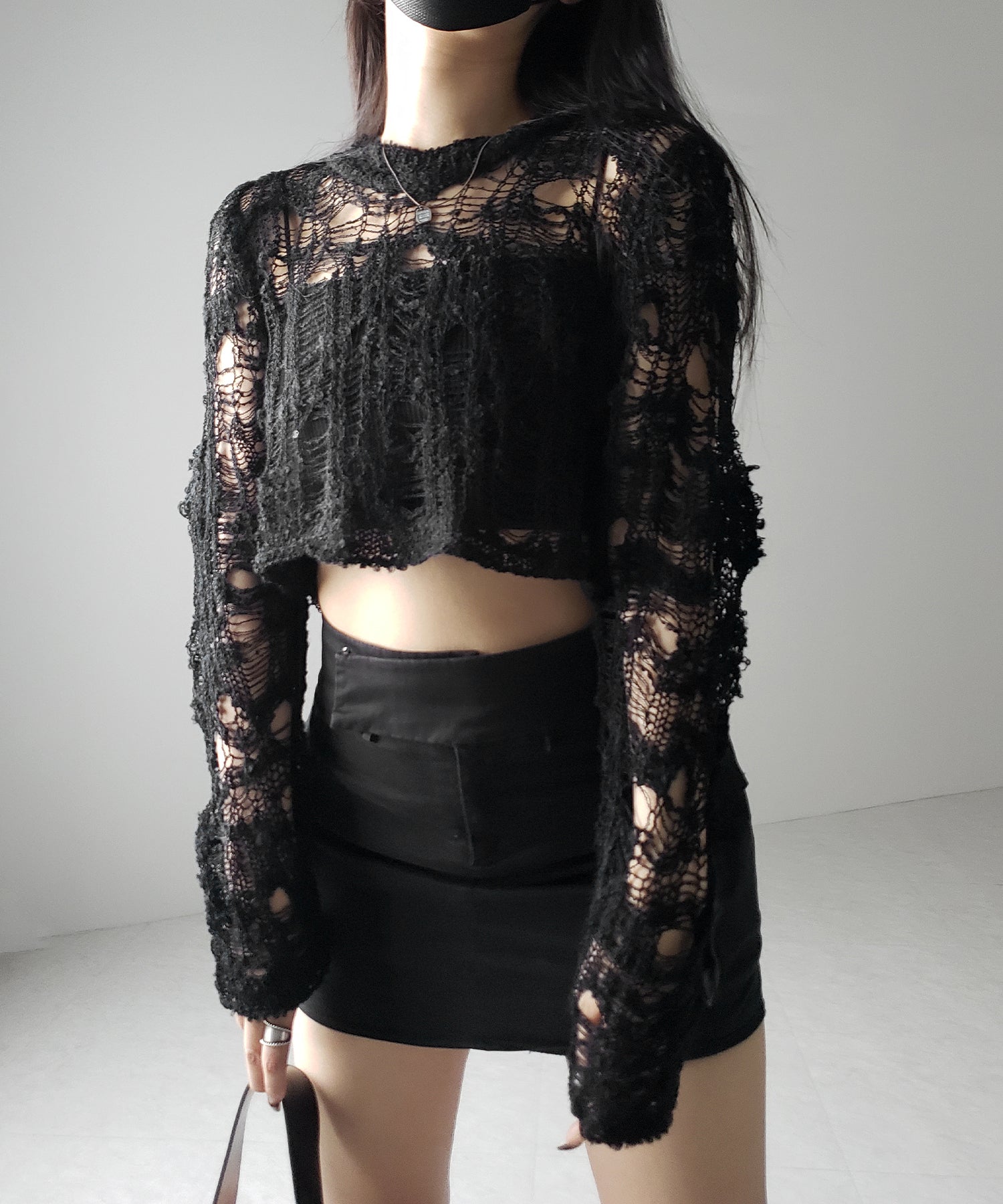 クラッシュダメージショートシアーニット / crush damage short sheer knit