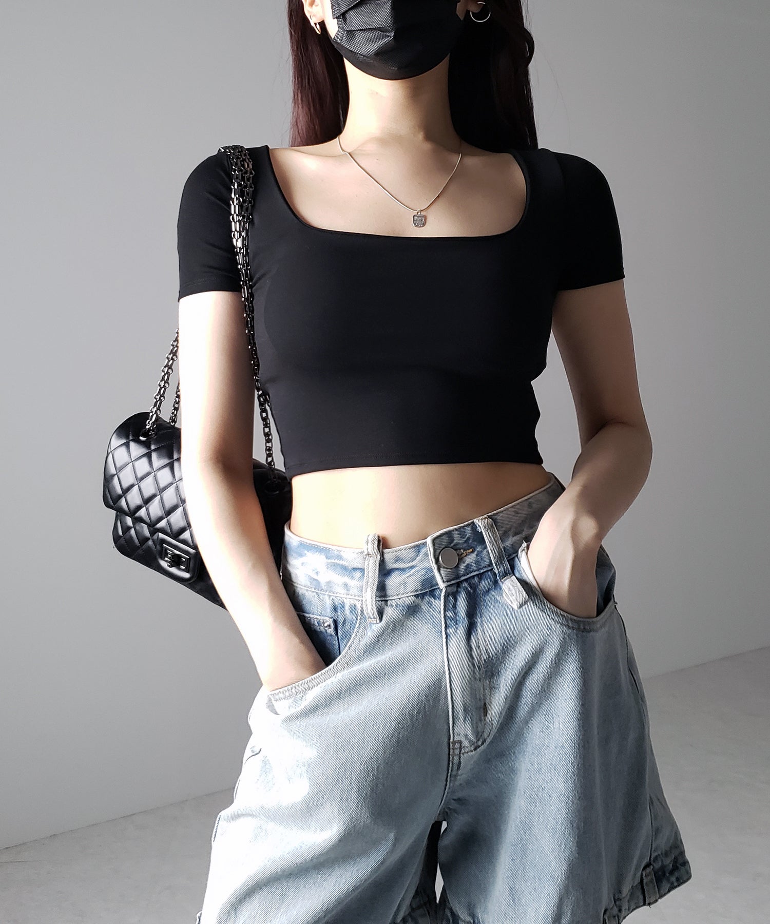 【 カップ付き 】スクエアネックショートちびTシャツ