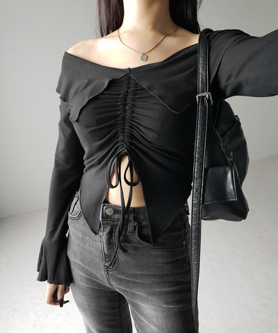 シャーリングフロントスリットオフショルトップス / shirring front slit offshoulder tops