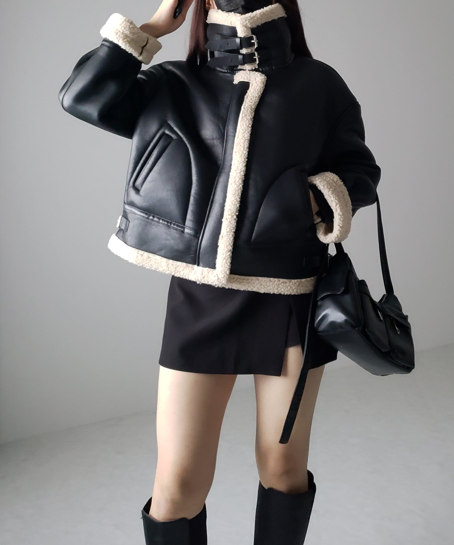 フェイクレザームートンB-3クロップドフライトジャケット