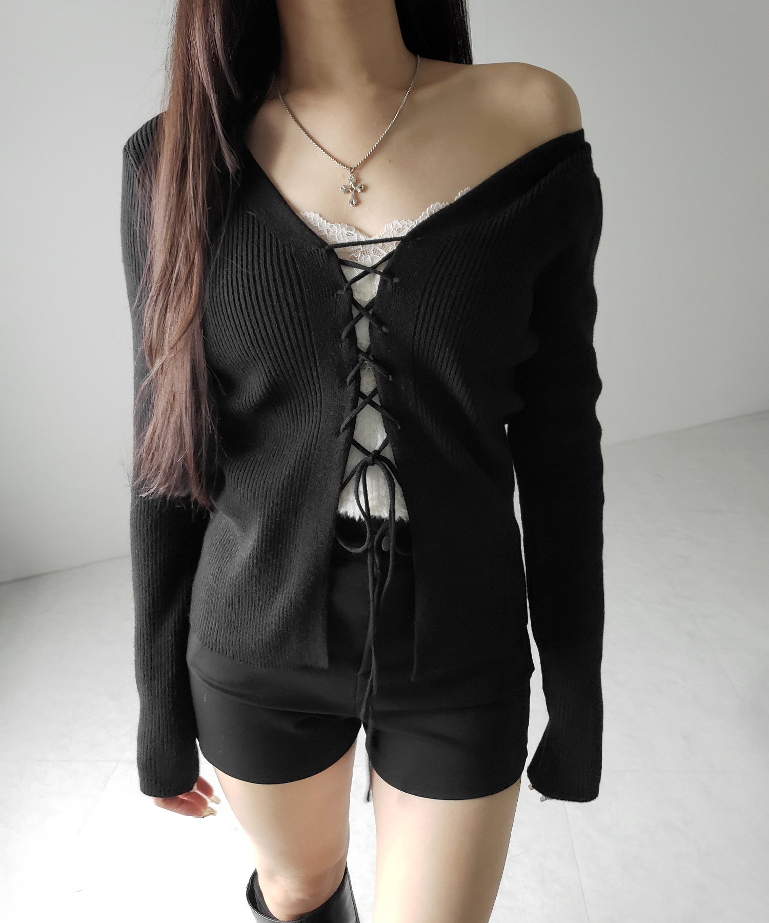 【 3color 】レースアップリボンリブニットカーディガン / lace up ribbon rib knit cardigan