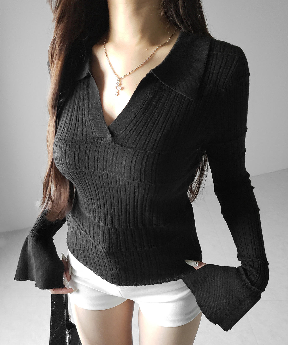 スキッパーネックスリムリブニットトップス / skipper neck slim rib knit tops