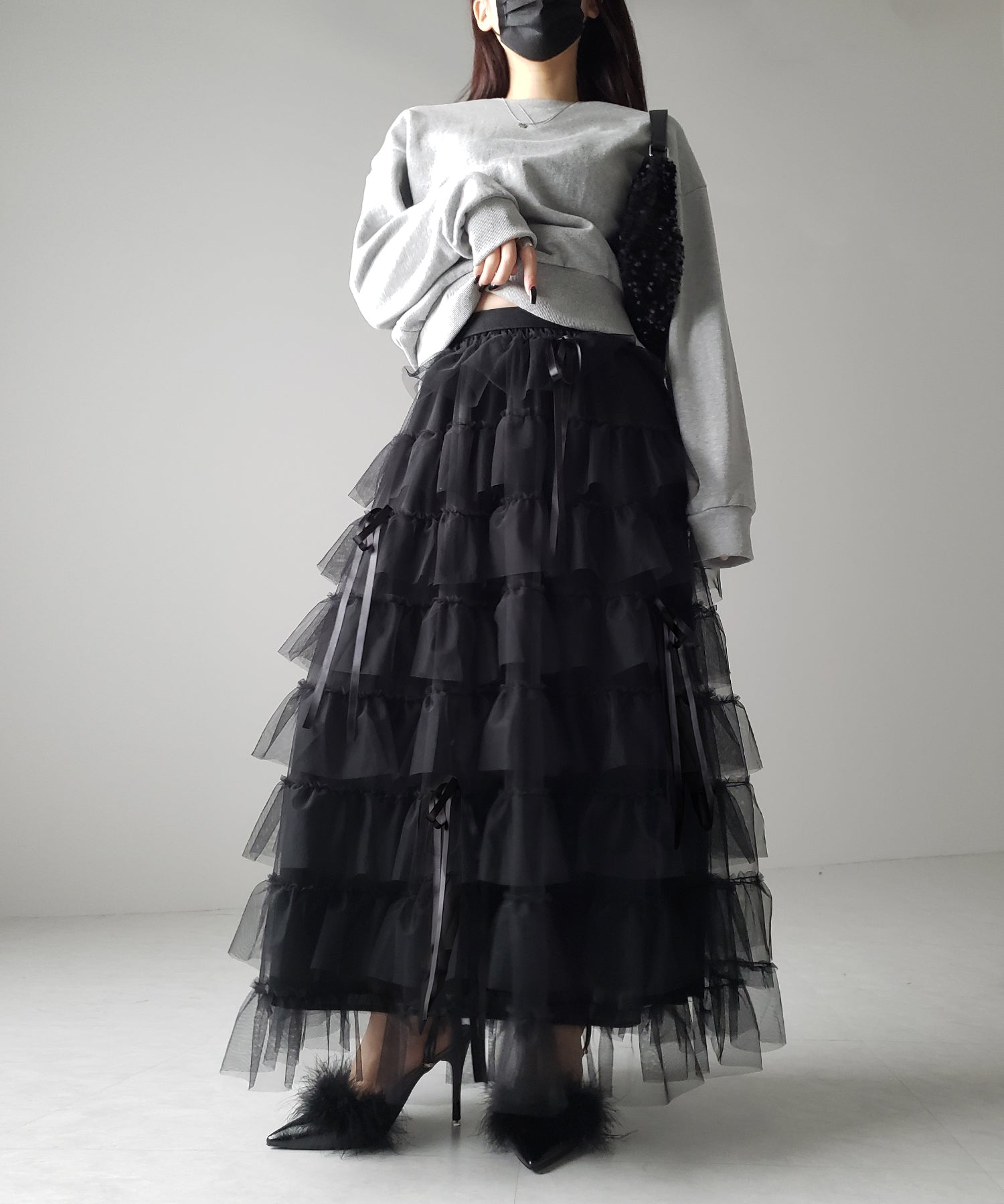 【 4color 】ストラップリボンバレエコアチュールスカート /strap ribbon ballet core tulle skirt