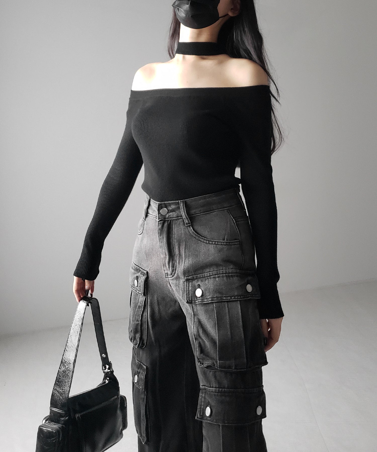【 2color 】チョーカーオフショルリブニットトップス /choker offshoulder lib knit tops
