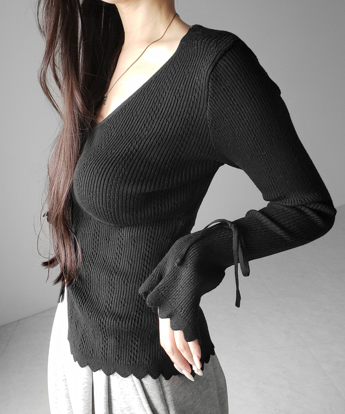 フレアリボンスリーブ透かし編みニットカーディガン / flare ribbon sleeve openwork knit cardigan