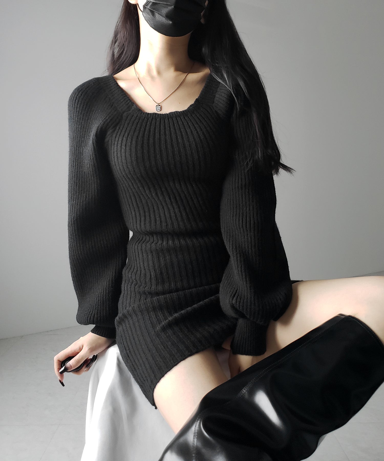スクエアネックリブニットミニワンピース / square neck rib knit mini one piece