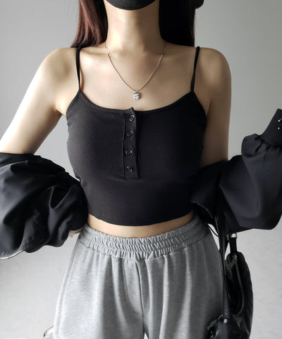 【 カップ付き 】フロントボタンヘンリーネックショートリブキャミソール / front button henry neck short rib camisole