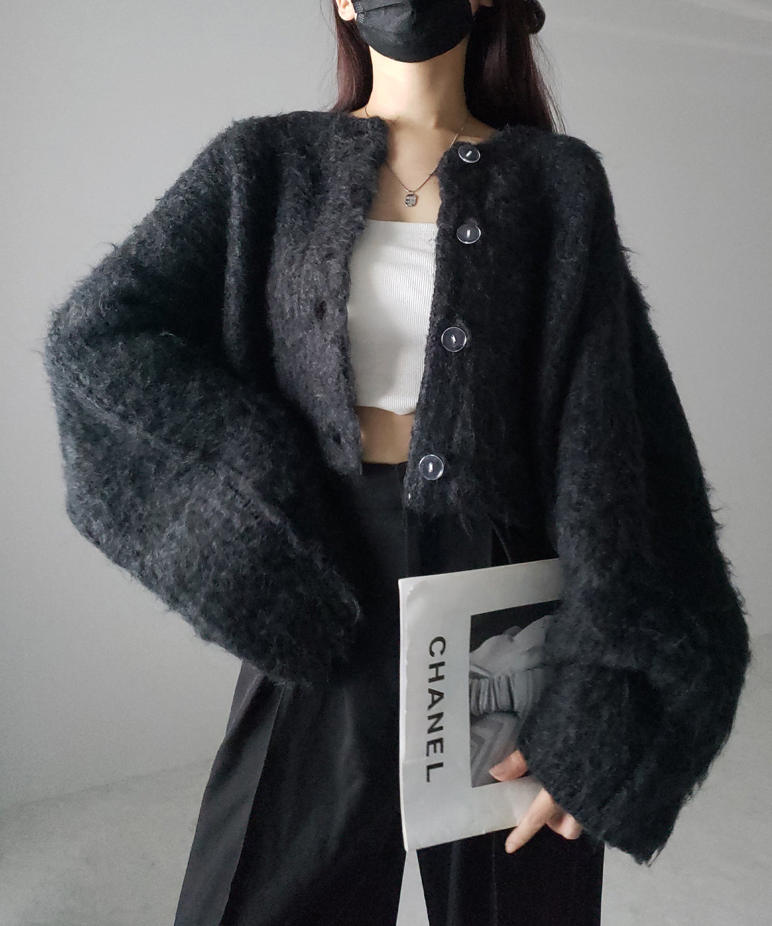 ボリュームワイドスリーブショートシャギーニットカーディガン / volume wide sleeve short shaggy knit cardigan