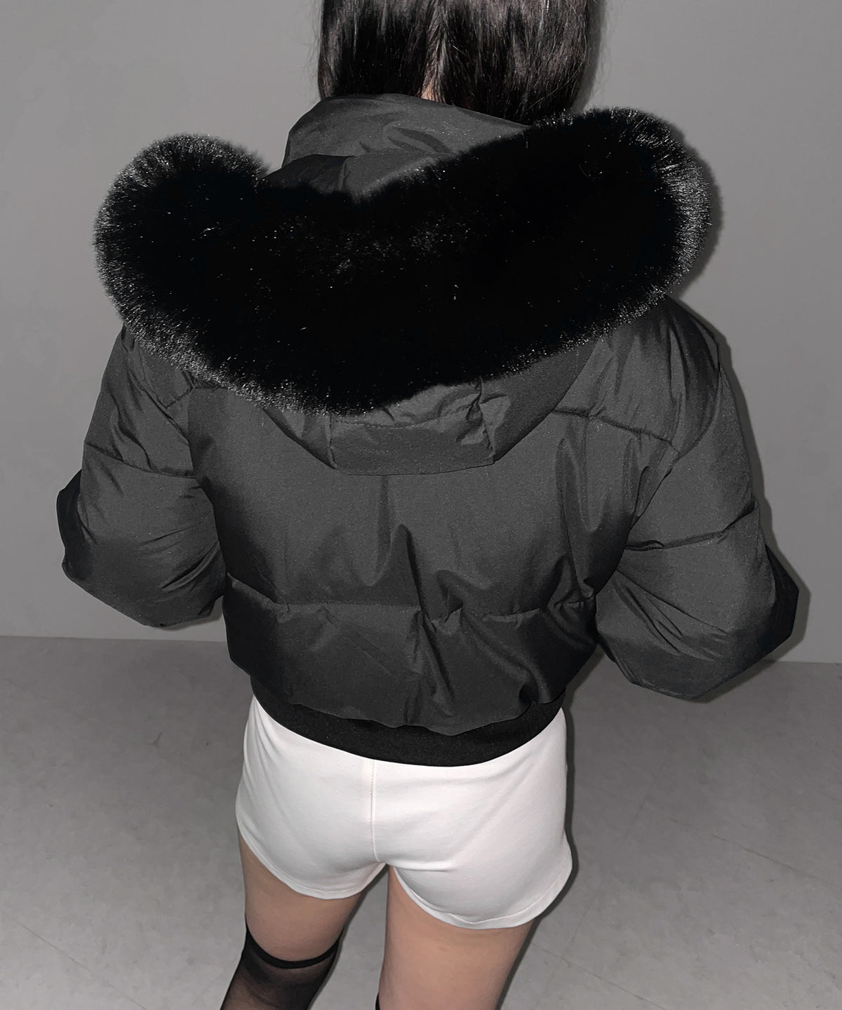 【 フード取り外し可能2WAY 】フェイクファーフードショート中綿ジャケット / 2WAY fake fur hoodie short fake down jacket