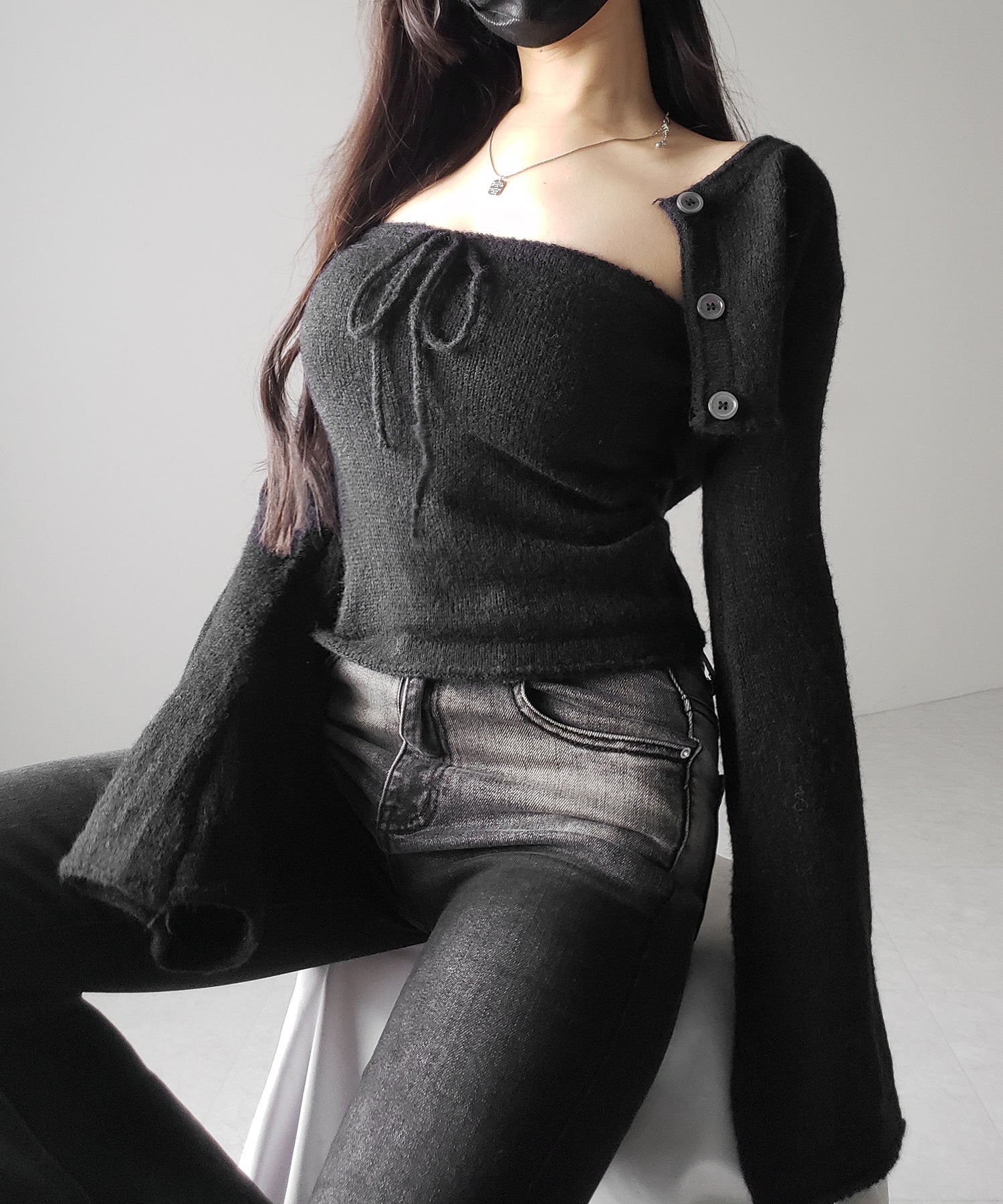 【 2点セット 】フロントリボンニットベアトップ + 長袖ショートカーディガン SET / front ribbon knit bare top + long sleeve short cardigan set